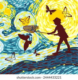 Une petite fille attrape des papillons.  Abstrait, joli arrière-plan bleu et jaune. dessin à la main. Pas IA,  illustration vectorielle.