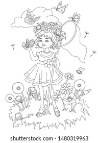 Little Girl Catches Butterflies Coloring Book Stock Vector (Royalty ...