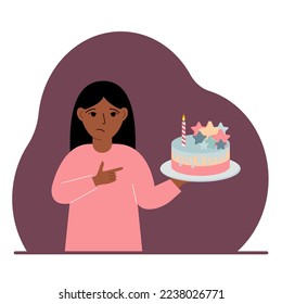 A little girl celebrates a birthday or some event. A little girl with a birthday cake with a candle. Vector flat illustration