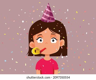 Little Girl Celebrating with Party Blower Vector Cartoon. Happy kid blowing festive whistled making noise feeling cheerful
