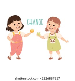 Little Girl Changing Apples Demonstrating Vocabulary and Verb Studying Vector Illustration