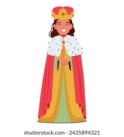 El Personaje De Niña, Adornado En Regal Princesa O Reina Disfraz, Irradia Alegría E Inocencia, Sus Ojos Brillan De Sueños En Un Mundo De Encanto Imaginario. Ilustración vectorial de personas de dibujos animados