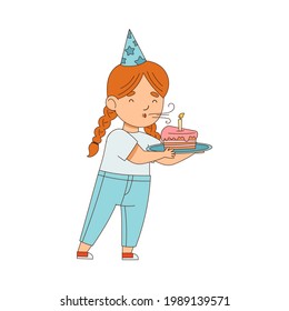 Little Girl Character in Birthday Hat Carrying Cake Blowing Candle Vector Illustration