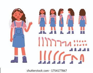 Little Girl Character Constructor for Animation.  Front, Side and Back View. Cute Kid in Trendy Clothes and Different Postures. Body Parts Collection. Flat Cartoon Vector Illustration.