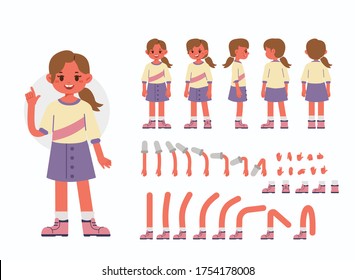 Little Girl Character Constructor for Animation.  Front, Side and Back View. Cute Kid in Trendy Clothes and Different Postures. Body Parts Collection. Flat Cartoon Vector Illustration.