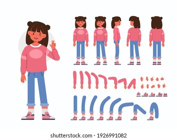 Little Girl  Character Constructor for Animation.  Front, Side and Back View. Cute Kid wearing Trendy Clothes in Different Postures. Body Parts Collection. Flat Cartoon Vector Illustration.