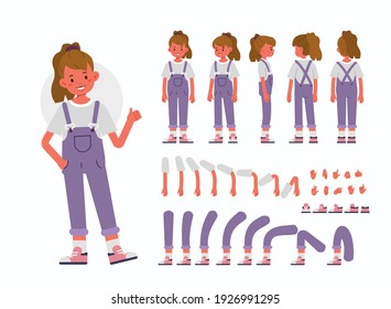 Little Girl Character Constructor for Animation. Front, Side and Back View. Cute Kid wearing Jeans Overall in Different Postures. Body Parts Collection. Flat Cartoon Vector Illustration.