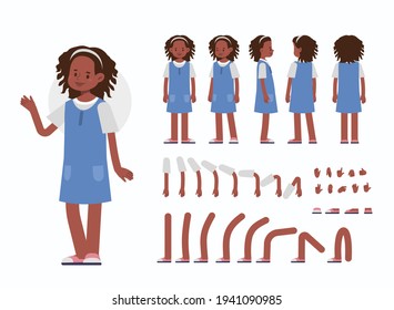 Little Girl Character Constructor For Animation.  Front, Side And Back View. Cute Kid Wearing Jeans Dress In Different Postures. Body Parts Collection. Flat Cartoon Vector Illustration.