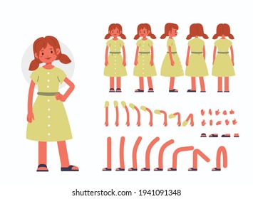 Little Girl Character Constructor for Animation.  Front, Side and Back View. Cute Kid wearing Summer Dress in Different Postures. Body Parts Collection. Flat Cartoon Vector Illustration.