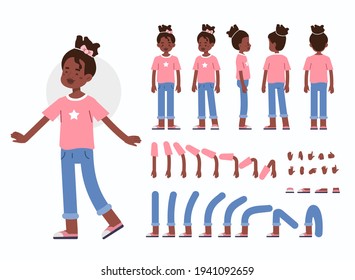 Little Girl Character Constructor for Animation.  Vorder-, Seite- und Rückseite. Cute Kid mit trendy Jeans und T-Shirt in Different Postures. Kollektion von Körperteilen. Flache Cartoon-Vektorgrafik.