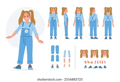 Little girl character constructor for animation. Front, side and back view set. Body parts, postures, poses collection. Vector illustration.