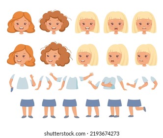 Little Girl Character Constructor With Body Parts And Face Emotion Vector Set