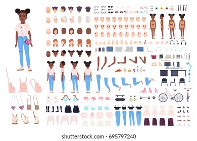 Little girl character constructor. Female child creation set. Different postures, hairstyle, face, legs, hands, clothes, accessories collection. Vector cartoon illustration. Front, side, back view