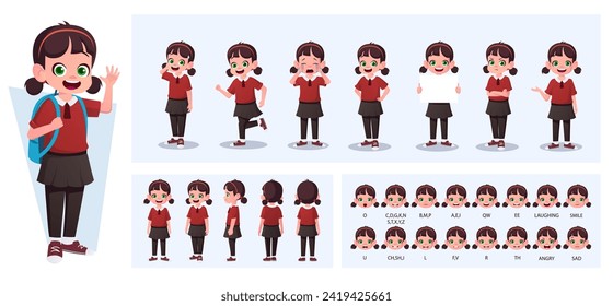 Little Girl Character Constructor with Gestures, Actions and Emotions. Child Side, Front, Rear View, Movable Body Parts for Animation and Lip-Sync Vector Illustration