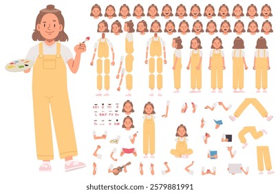 Little girl character constructor. Set of different positions of arms legs body and head for creating animation and your own illustrations. DIY kit. Vector illustration in flat style