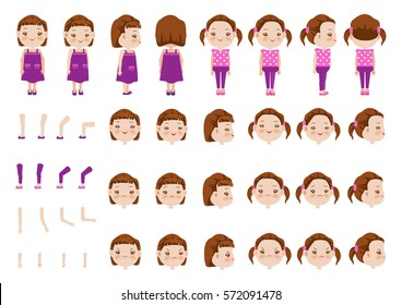 Little Girl Character Creation Set. Icons With Different Types Of Faces And Hair Style, Emotions,  Front, Rear, Side View Of Female Person. Moving Arms, Legs. Vector Illustration