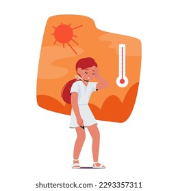 Little Girl Character Crying And Sweating Profusely Due To The Scorching Heat at Summer Day, Seeking Relief From The Discomfort Isolated On White Background. Cartoon People Vector Illustration