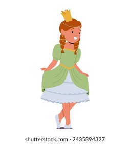 Little Girl Character Curtsy, Radiates Joy In Sparkling Princess Or Queen Costume, Her Gown Flowing And Crown Shining, Embodying Regal Elegance And Youthful Dreams. Cartoon People Vector Illustration