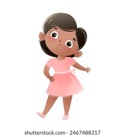 Diseño de personajes de niña pequeña, Latina American ethnicity kids character design. Niño lindo feliz que lleva el vestido hermoso, dibujos animados de los niños. Ilustración de carácter de Vector dibujado a mano en estilo acuarela.