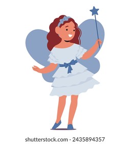 Little Girl Character Dons A Whimsical Fairy Costume and Wings, Wand In Hand, Dressed In Layers Of Blue Pastel Tulle, Embodying Magical Grace And Childhood Wonder. Cartoon People Vector Illustration