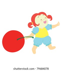 A little girl character dragging a big red cherry.