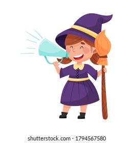 Little Girl Character Dressed in Fancy Witch Costume Talking Megaphone or Loudspeaker Vector Illustration