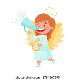 Little Girl Character Dressed in Fancy Angel Costume Talking Megaphone or Loudspeaker Vector Illustration