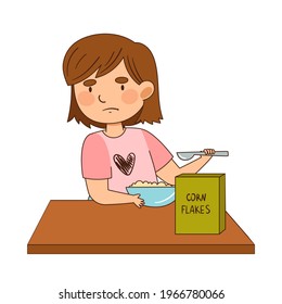 Little Girl Character Eating Corn Flakes with Grumpy Face Showing Dislike Vector Illustration