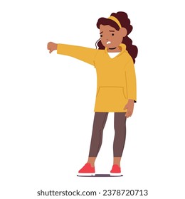 Little Girl Character Expressing Disapproval With Thumbs Down Gesture. Kid Showing Dislike, Signifying Dissatisfaction Or Disagreement with Body Language Expression. Cartoon People Vector Illustration