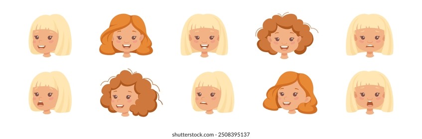 Little Girl Character Face with Short Haircut Emotion Vector Set