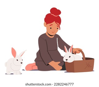 Little Girl Character with Fluffy Rabbits in Basket Isolated On White Background. Child Care of Farm Animals, Celebrate Easter. Bond Between Animal And Human Concept. Cartoon Vector Illustration