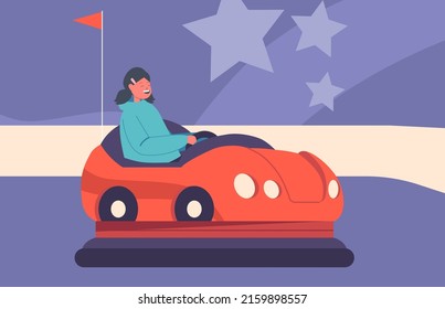 Little Girl Character Having Fun at Funfair Riding Bumper Car in Amusement Park. Child Relax in Attraction Carnival Entertainment, Kid Driving Red Dodgem Cart. Cartoon People Vector Illustration