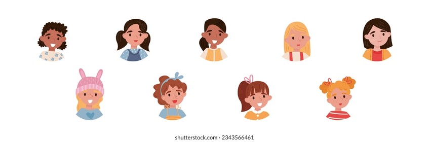 Little Girl Character Head as Avatar with Smiling Face Vector Set