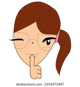 little girl character holding hand near mouth silence. Shhh symbol