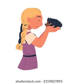 Little Girl Character Holding Her Favorite Prickly Hedgehog Pet Vector Illustration
