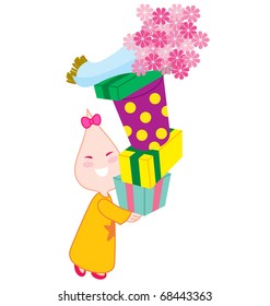A little girl character holding a lot of preset with a bunch of flowers on top of it.