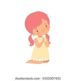 Little Girl Character Kneeling While Praying Cartoon Vector Illustration