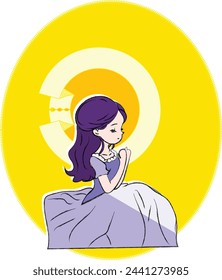 Little Girl Character Kneeling While Praying Cartoon with beautiful bright yellow background Vector Illustration stock illustration