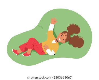 Little Girl Character Lying On Green Meadow, Surrounded By Nature, Enjoying Relax Top View, Feeling The Grass Beneath Her, Embracing The Serenity Of The Moment. Cartoon People Vector Illustration