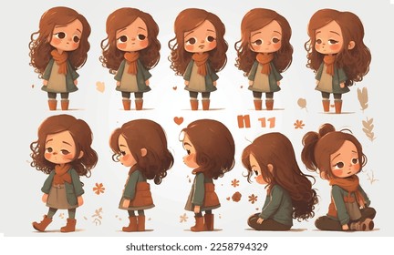 personaje de niña pequeña, poses múltiples, diseño de pintura vectorial