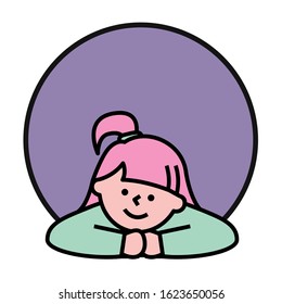 Little girl character portrait, isolated female personage with ponytail hairstyle. Person with cute facial expression. Rounded shape of sticker in line minimal style, vector in flat illustration
