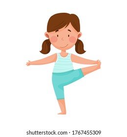 Little Girl Character Practising Yoga Stretching and Breathing Vector Illustration