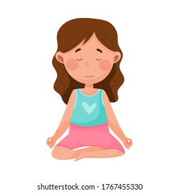 Little Girl Character Practising Yoga Stretching and Breathing Vector Illustration