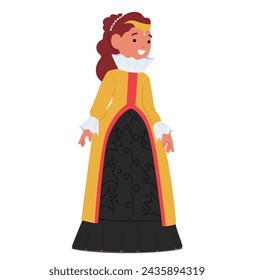 Personaje De Niña Pequeña En Disfraz De Princesa O Reina, Irradia Alegría, Sus Ojos Brillan Con La Magia De La Fantasía De La Realeza. Representación infantil en el teatro o el juego. Ilustración vectorial de personas de dibujos animados