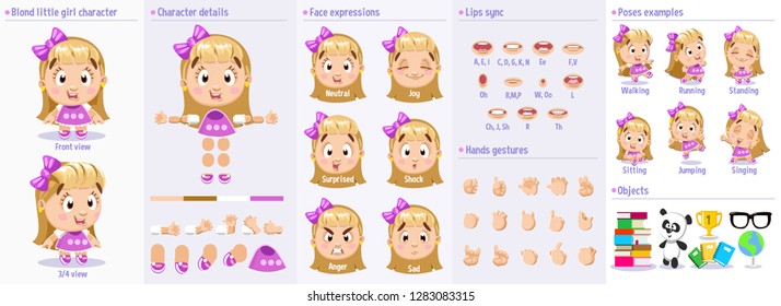 Little girl character puppet for your animation, motion design, print, web. Big vector set of character parts including emotions, lips sync, hand gestures, poses and more. Cute girl in pink dress