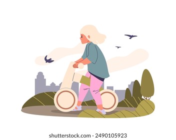 Little Girl Character Riding A Bicycle Or Balance Bike In Park With Cityscape Backdrop. Image Depicts Leisure, Activity