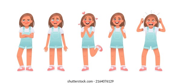 Little girl character set. The child expresses emotions resentment and confusion, love and joy, anger. Vector illustration in cartoon style