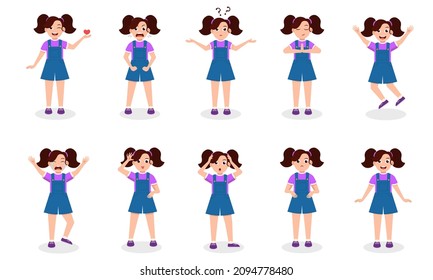 Little Girl Character Set. Kid child expression vector illustration set bundle