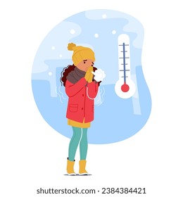 Little Girl Character Shivered, Enveloped By An Icy Chill. Her Quivering Lips, Icy Breath And Trembling Limbs Bore Witness To The Biting Cold That Surrounded Her. Cartoon People Vector Illustration