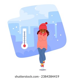 Little Girl Character Shivered, Her Tiny Body Quivering With Cold. Her Cheeks Paled, And She Hugged Herself, Seeking Warmth On A Frosty Winter Day on Street. Cartoon People Vector Illustration